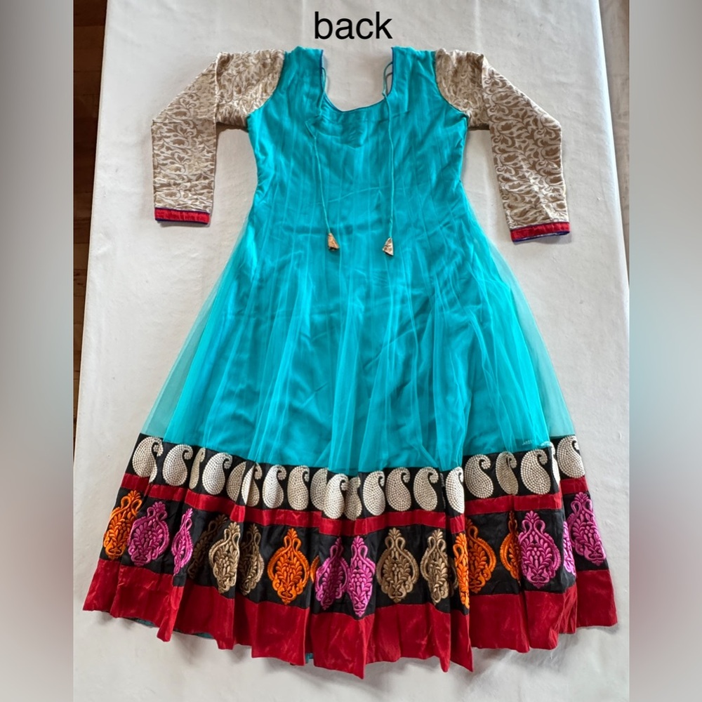Turquoise Anarkali Pullover Dress with Red & Multicolor Embroidered Hem (Sm~Med) - Picture 6 of 17